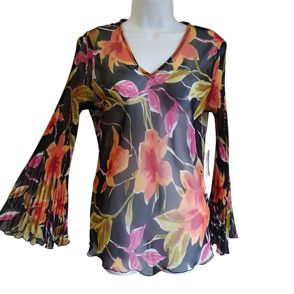 Vintage Y2K Top Womens Small‎ Black Floral Sheer Pleated Flare Sleeve Fairy Boho